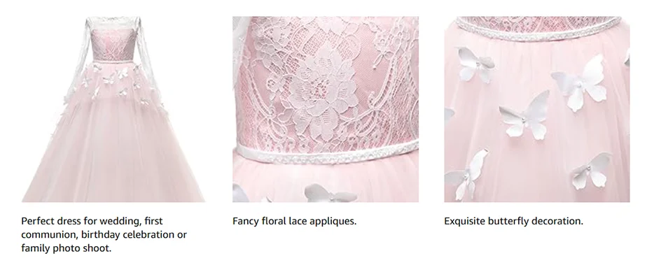 Elegant and lovely butterfly floor mopping flower girl wedding dress, lace long sleeved ball dress