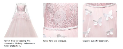 Elegant and lovely butterfly floor mopping flower girl wedding dress, lace long sleeved ball dress