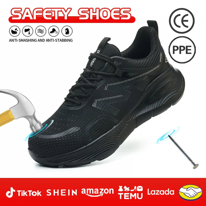 Work Safety Shoes Men Lightweight Indestructible Work Sneakers Security Steel Toe Shoes Safety Protective Boots Black Size 40-46
