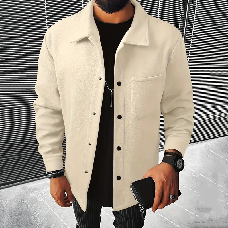 Polyester Brushed Short Jacket for Men, Lapel Button-Down Pocket Coat, Comfortable Casual Autumn Winter Office Business Wear
