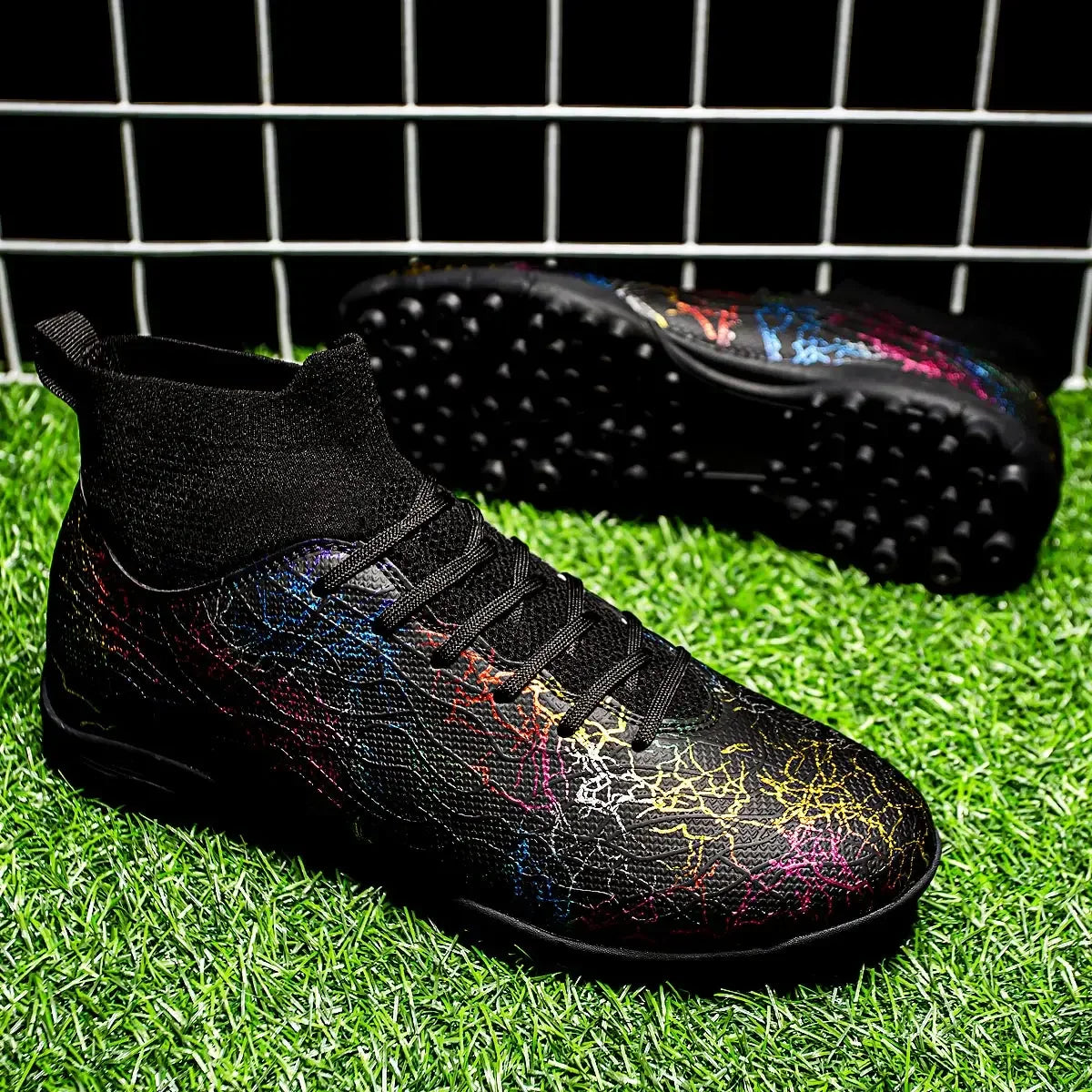 High quality, high-top football shoes, unisex style, comfortable, breathable, available in TF and FG options.  Sole spikes