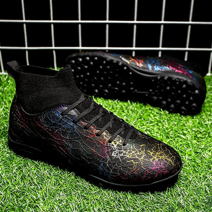 High quality, high-top football shoes, unisex style, comfortable, breathable, available in TF and FG options.  Sole spikes