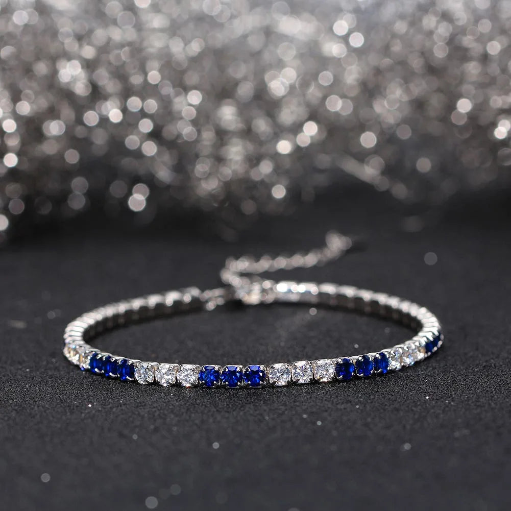 Fashion 3mm Bezel Setting Colorful 4A Cubic Zirconia Tennis 925 Sterling Silver Adjustable Bracelet for Women SB192