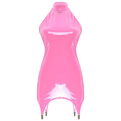Womens Bodycon Tight Mini Dress Glossy Patent Leather Sexy Latex Club Dress with Garter Clips Back Zipper Rave Party Clubwear