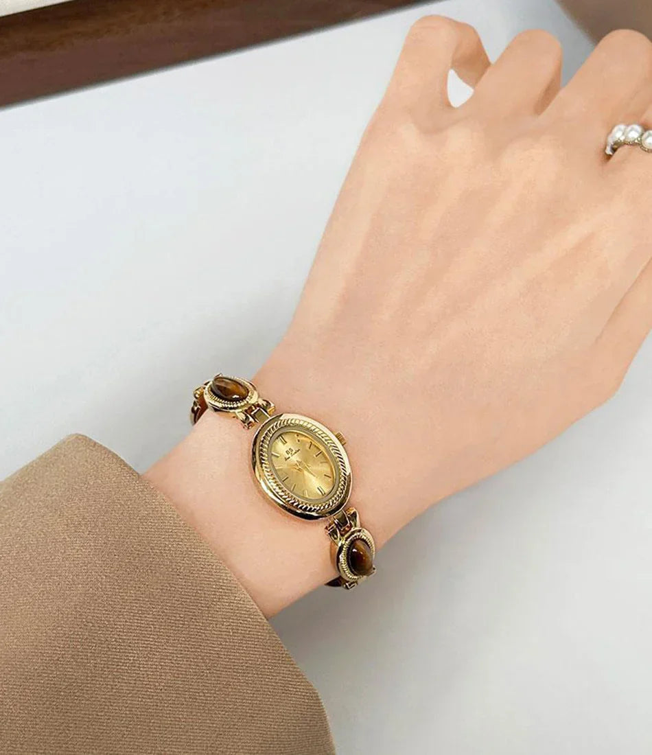 Women's Gold Watch Vintage Brown Jade Bracelet Small Dial Quartz Daily Wear Party Clock Luxury Waterproof Ladies Watches Gifts