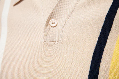2025 Men's Breathable Striped Contrast Panel Polo Shirt - Lightweight Summer Casual Knit Top with Mesh Inserts