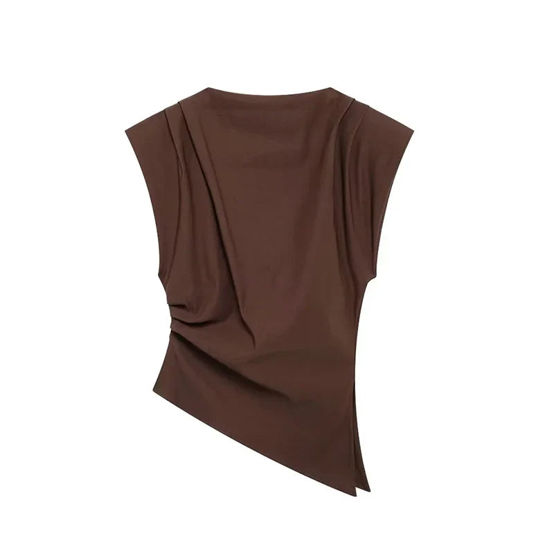 Women Fashion With Pad Solid Pleated Back Zipper Tank Tops Vintage O-Neck Sleeveless Female Chic Lady Tops
