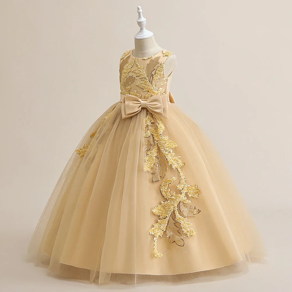 Elegant Party Bridesmaids Girls Dresses Summer Bow Flower Wedding Princess Prom Dress for Girl Tulle Evening Christmas Costumes