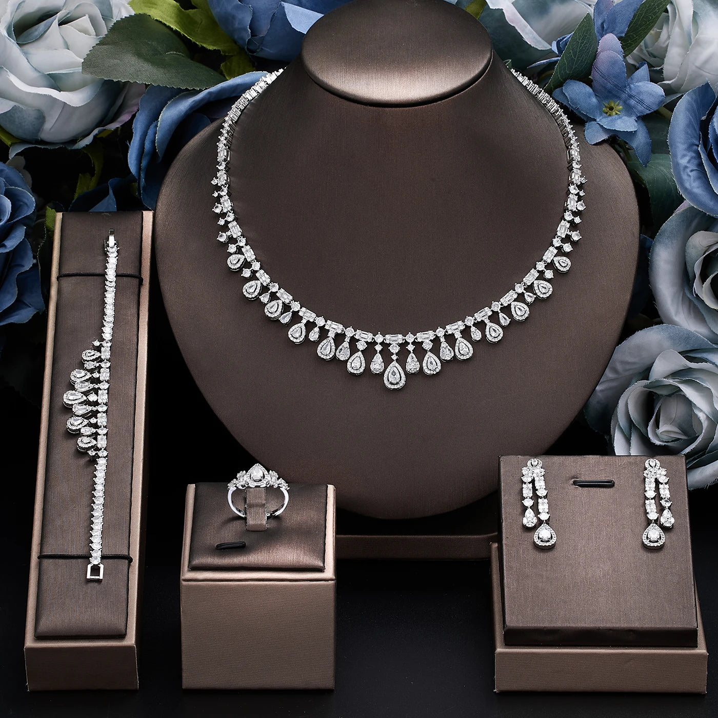 2025 New 4-piece Ring Cubic Zirconia Bridal Wedding Jewelry Set, Dubai Nigeria Crystal Wedding Jewelry Set