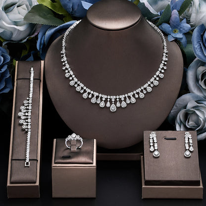 2025 New 4-piece Ring Cubic Zirconia Bridal Wedding Jewelry Set, Dubai Nigeria Crystal Wedding Jewelry Set