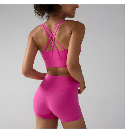 2 Pieces Solid Color Women Gym Yoga Set Cycling Short Legging Cross Sport Bra Tracksuit Suit Comprehensive Training Jog Athletic