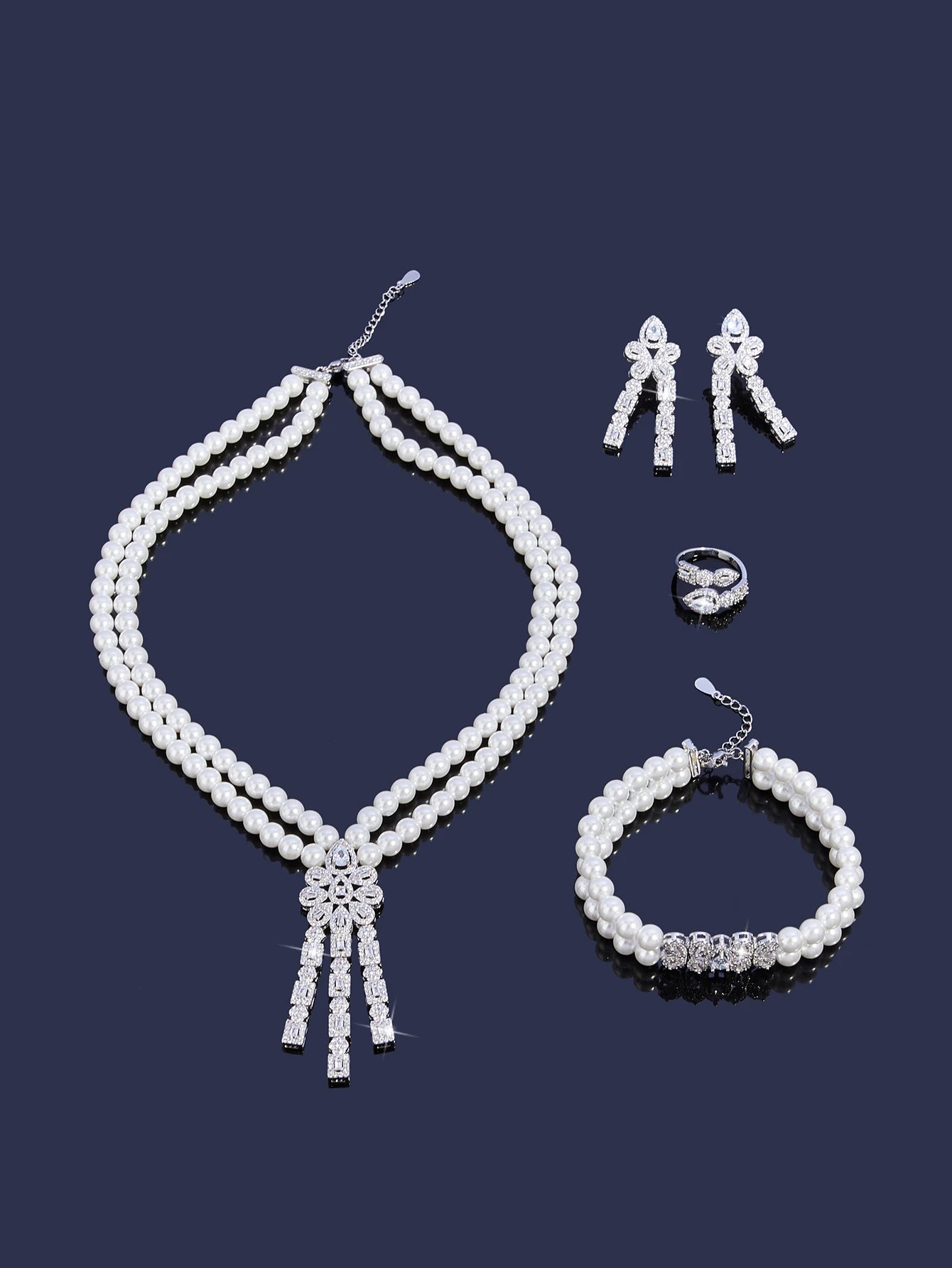 Trendy Pearl Tassel Necklace 4PCS Jewelry Set For Women Wedding Party Full Zircon Dubai Bridal Jewelry Set Gift