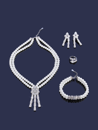 Trendy Pearl Tassel Necklace 4PCS Jewelry Set For Women Wedding Party Full Zircon Dubai Bridal Jewelry Set Gift