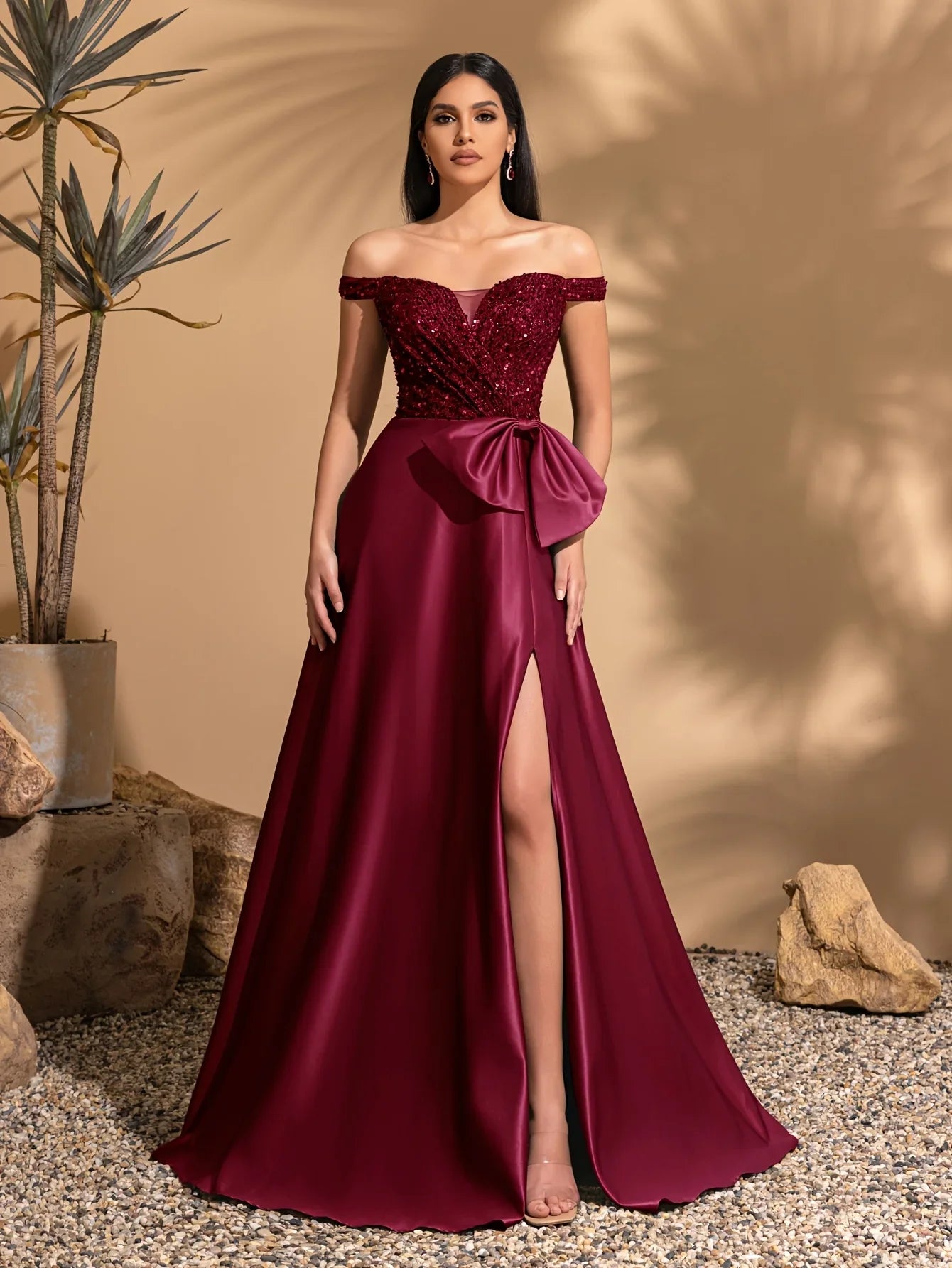 Off-the-shoulder sequined satin elegant dress with bow at waist