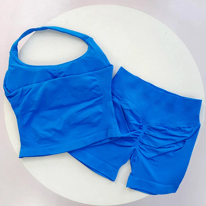 2 Pieces Sports Set Women Backless Halter Tops High Waist Seamless Hight Stretch Shorts Gym Suit Sportswear Workout Sets