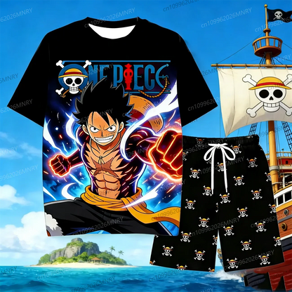Anime Skull Character Sleepwear One Piece Luffy 2 piece Set men T-Shirt Shorts for Men's Shirts Woman t-shirts Summer Kids Set
