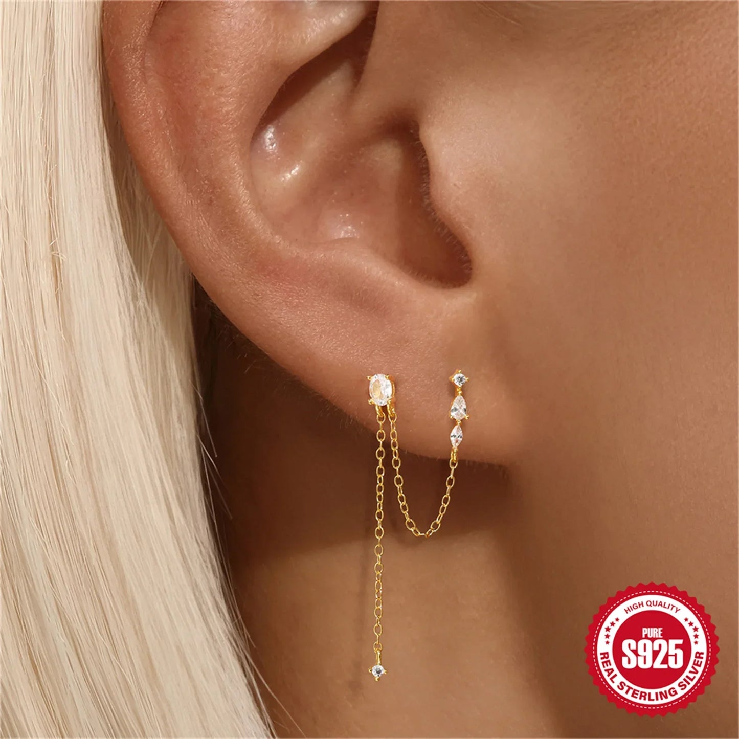 1PC 925 Sterling Silver Horse Eye Chain Tassel Zircon Drop Earrings For Women Ins Minimalism Geometric Earrings Gift