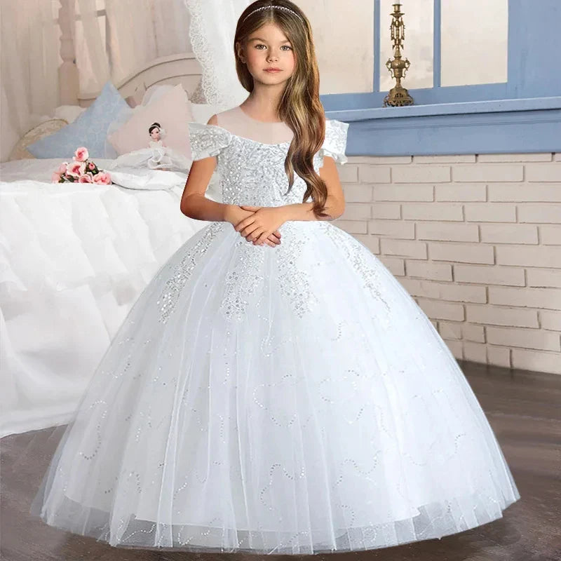 Flower Girl Lace up Dress Wedding Kids flowers First Communion Ball embroidery Festival Party Dress 12Y