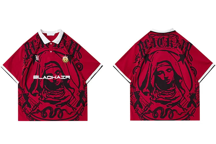 Hip Hop Streetwear Polo T-Shirt Virgin Mary Graphic T Shirt Men Polo Shirt Short Sleeve Harajuku Cotton Tops Tees Red Grey