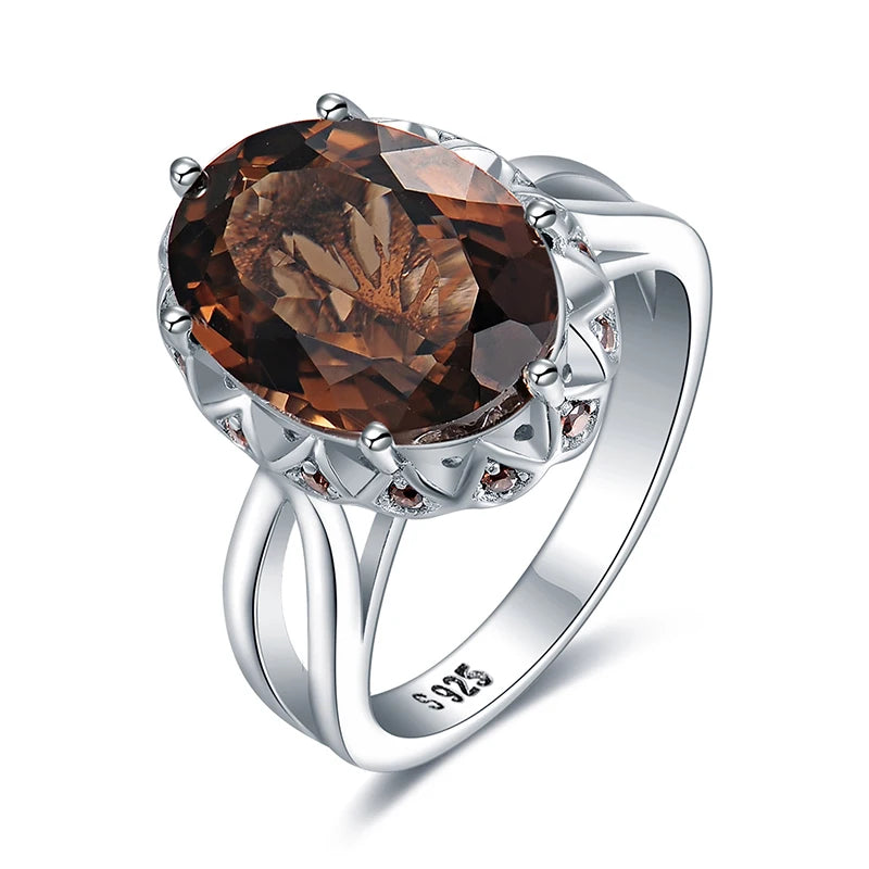 Large 5.7ct Genuine Oval Smoky Quartz 925 Sterling Silver Big Gemstone Cocktail Statement Rings for Women Jewelry