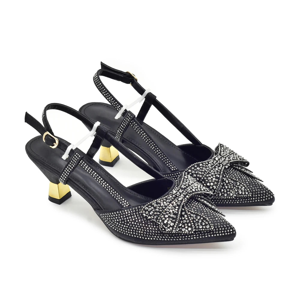 2026 Fashiona Banquet Exquisite Party Top Luxury Pointed Toe Bowtie Bright Diamond Summer Women's High Heels Shoes and Bags Set