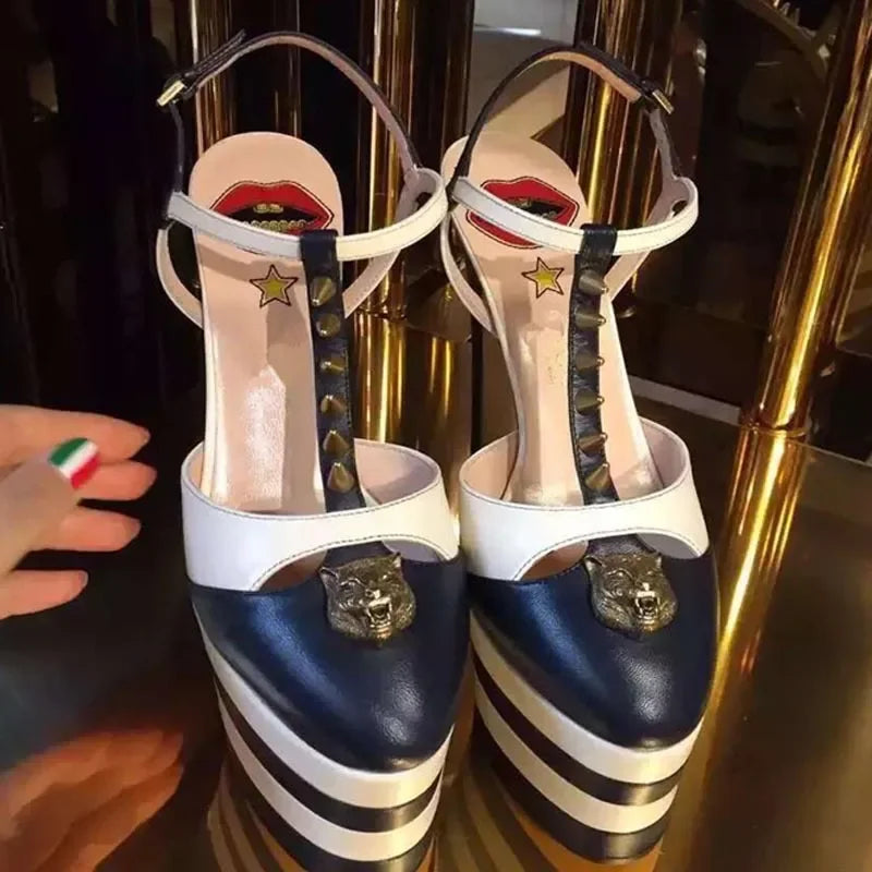2026 Women's Round Head Sandals Thin Heels 5cm Thick Bottom Slope Heel Fish Mouth Rivet Sandal T-Platform Sandals Size34-43