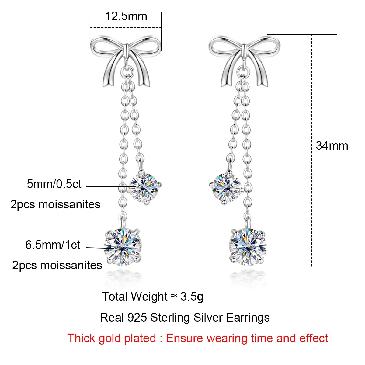 3cttw D Color Moissanite Diamond Bow Drop Earrings 925 Sterling Silver Stud Earrings Charm Jewelry Wholesale