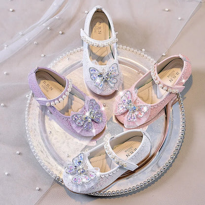 Bowtie Kids Leather Shoe Fashion Causal Sequins Children Causal Wedding Flat Shoes Autumn Girl Princess Shoes