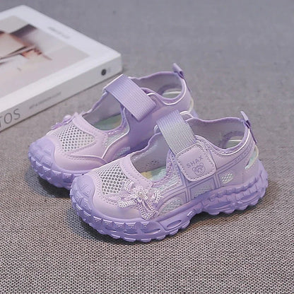 2026 summer new girls' bow mesh toe sandals soft and casual beach sandals children's outdoor walking non slip flat shoes