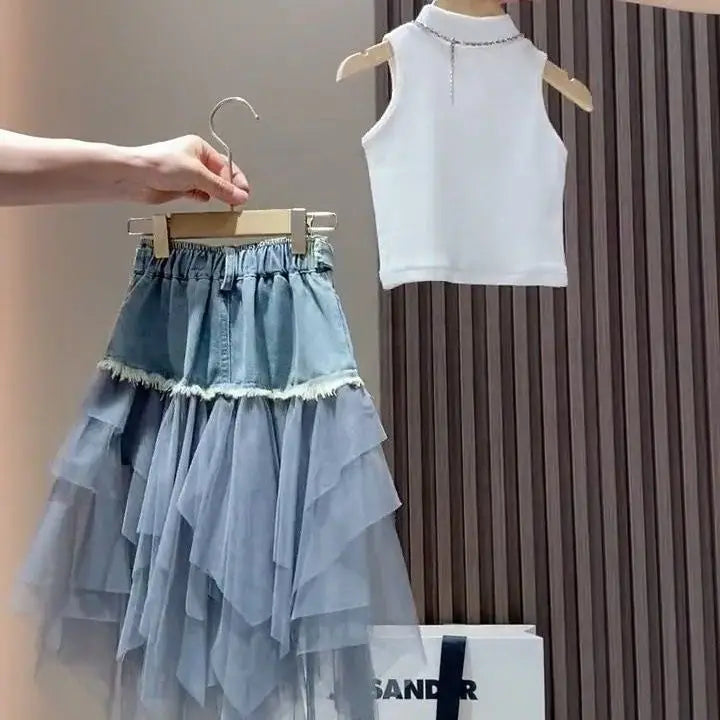 Girls' Summer New Set 2025 Korean Version Baby Girl Tank Top Mesh Splicing Cowboy Skirt Set kids jacket
