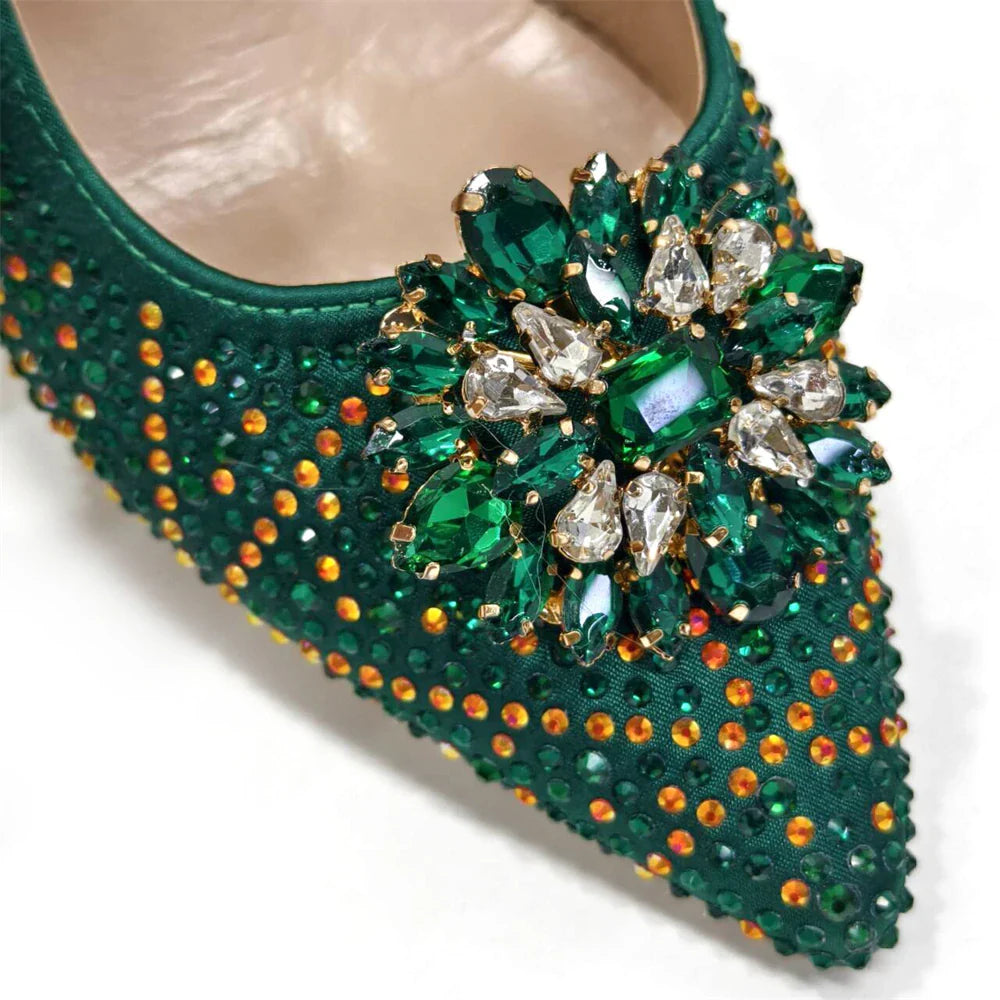 INS Style Green Party Shoe and Bag Set in Women Pointed-Toe Rhinestone High Heels Elegant African Ladies Shoes