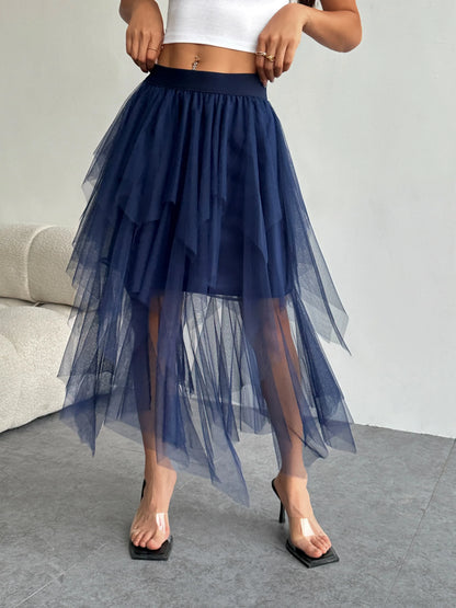 Ladies' high waisted elastic waist layered chiffon midi skirt with irregular asymmetric hem party casual mesh fairy ballet skirt