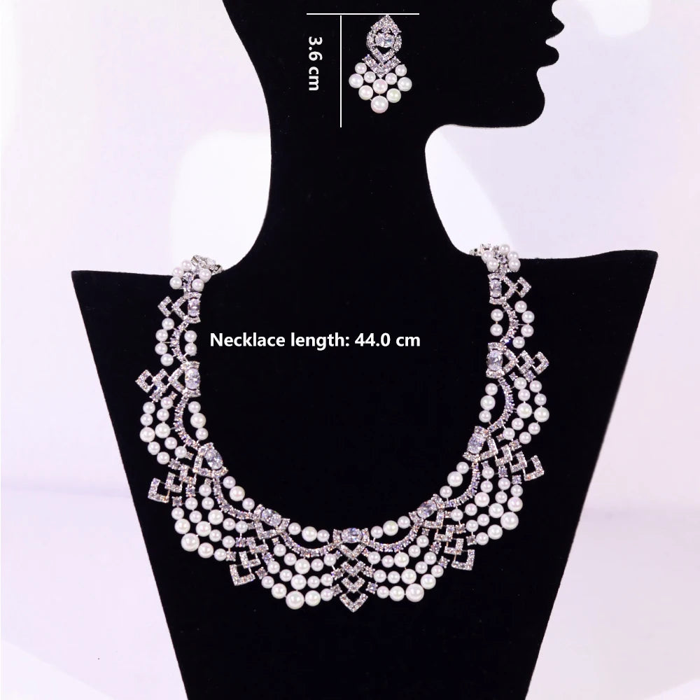 Luxury Crystal Zircon Circular Shape golden Pearl Necklace Women Dubai Bridal Wedding Birthday Party Indian Jewelry Set Gift