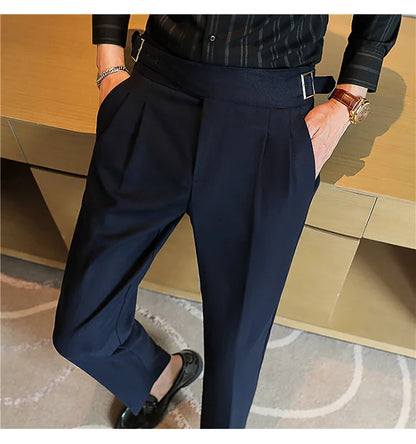 Luxury Men's Slim High-Rise Dress Pants - Heavyweight Subtle Stripe with 3D Pleats & Naples Tailoring