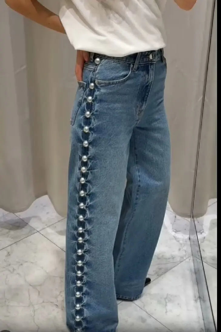 High Waist Embroidered Flares Button Fly Full Length Loose Fit Jeans