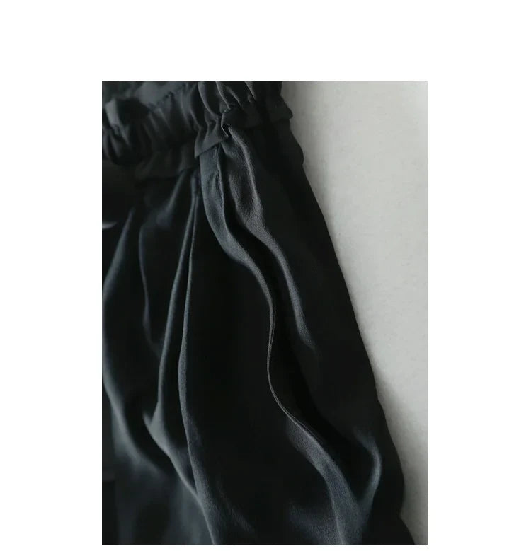 Women Long Pants 100% Mulberry Silk Belted Waist Trousers With Pockets Black Color Office Lady M0609