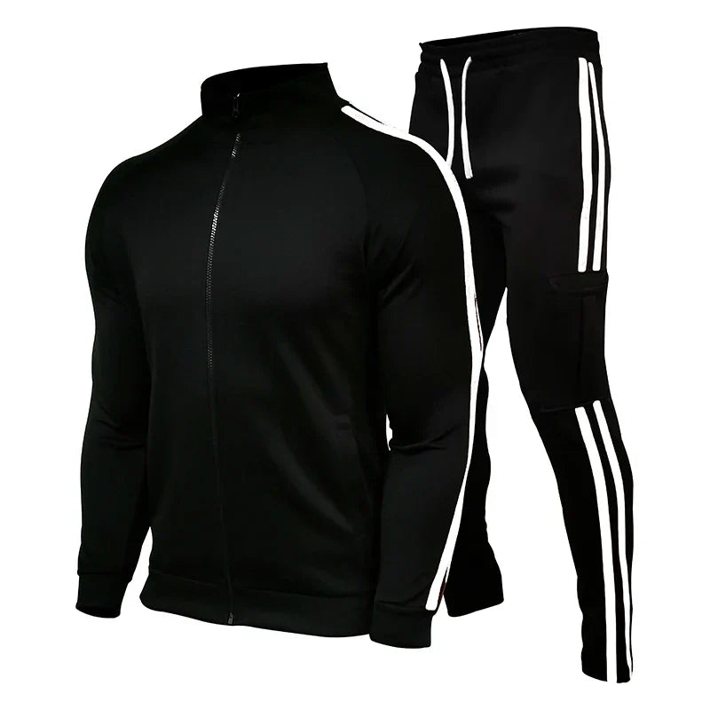 Spring and Autumn Men's Cardigan Striped Stand up Collar Sports Set Outdoor Jogging Cycling Mountaineering Two Piece Set