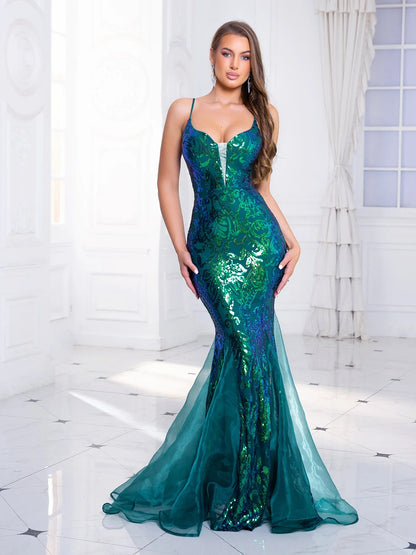 Romagic Deep V Neck Sleeveless White Wedding Party Dress Luxury Spaghetti Strap Sequined Evening Gown Women Maxi Dresses 2025