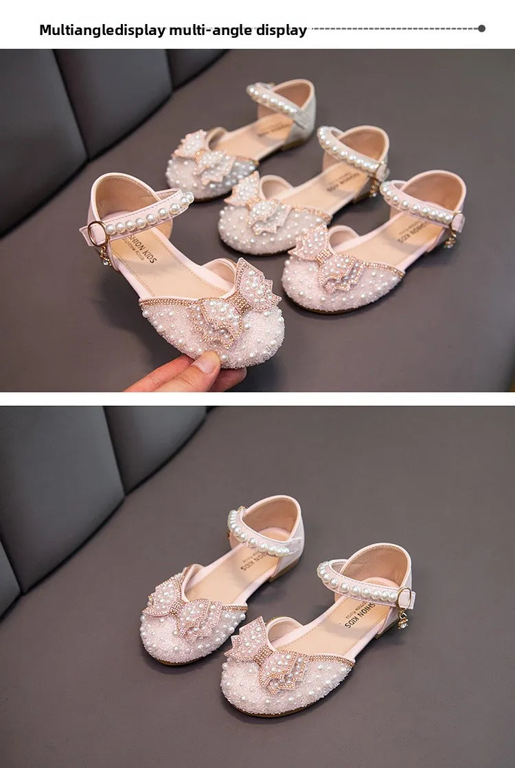 2026 Spring New Girl Sandals Cute Bow Pearl Sequins Kid Princess Shoes Flat Heels children Dancing 21-34