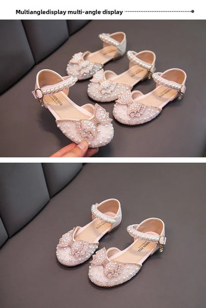 2026 Spring New Girl Sandals Cute Bow Pearl Sequins Kid Princess Shoes Flat Heels children Dancing 21-34