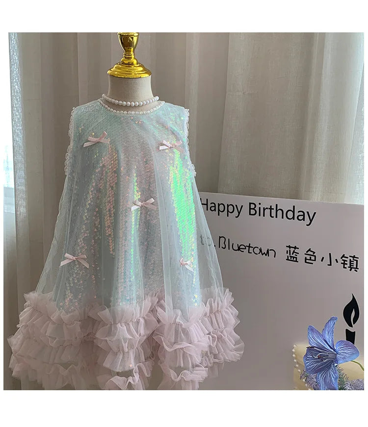 Kids Girls Fairy Princess Dress Sleeveless Bow Sequined Cake Dress Children Puffy Skirt Birthday Party Vest Tulle Dresses