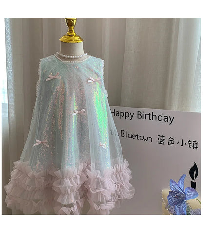 Kids Girls Fairy Princess Dress Sleeveless Bow Sequined Cake Dress Children Puffy Skirt Birthday Party Vest Tulle Dresses
