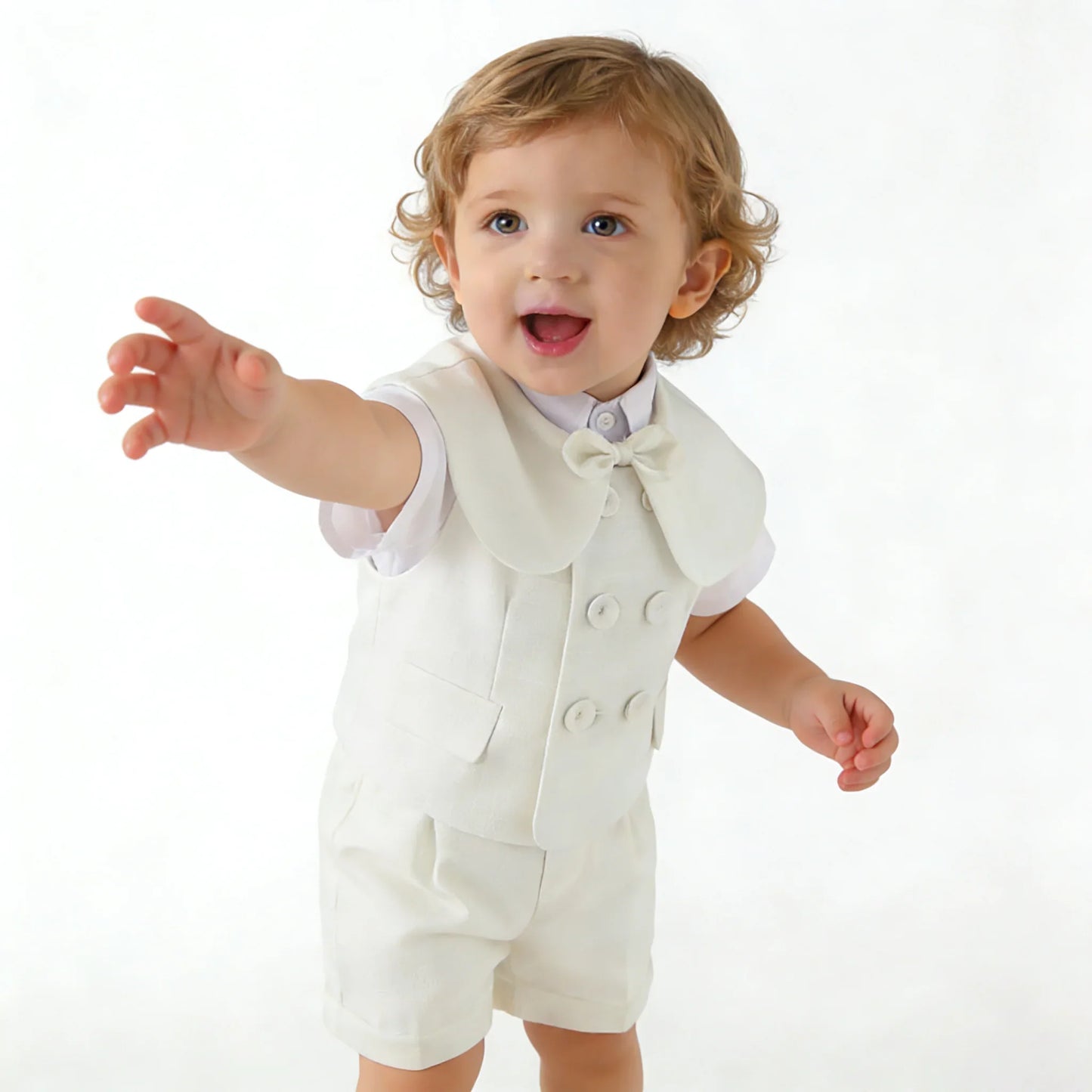 Boys White Linen Suit Set Summer Short Sleeve shawl  Vest & suspenders Shorts Gentleman Outfit for Wedding Party Occasions