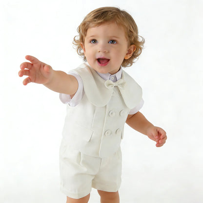 Boys White Linen Suit Set Summer Short Sleeve shawl  Vest & suspenders Shorts Gentleman Outfit for Wedding Party Occasions