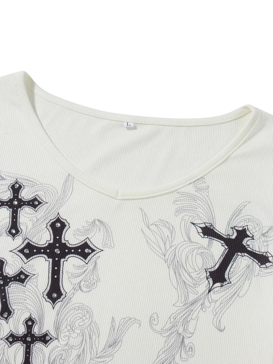Y2k Graphic Cross Wings Print Long Sleeve Women Grunge Fairy T-shirt Harajuku Tee 2000s Aesthetic Punk Style Clothes Streetwear
