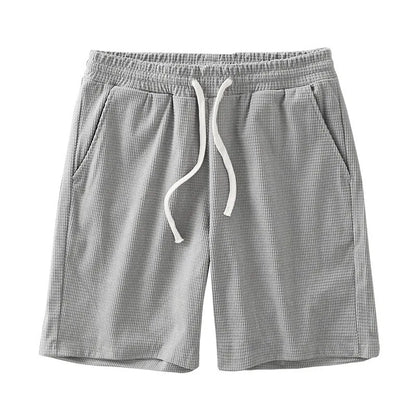 Men Shorts Solid Color Mid Waist Summer Motion Waffle Texture Deep Crotch Drawstring Male Shorts Loose Knee Length Casual Short