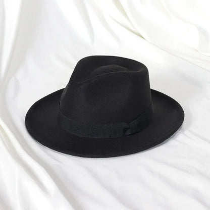 2022 New Fashion Men Fedoras Hat Women's Jazz Hat with Bow Tie Elegant Spring Black Woolen Blend Cap Outdoor Casual Felt Hat