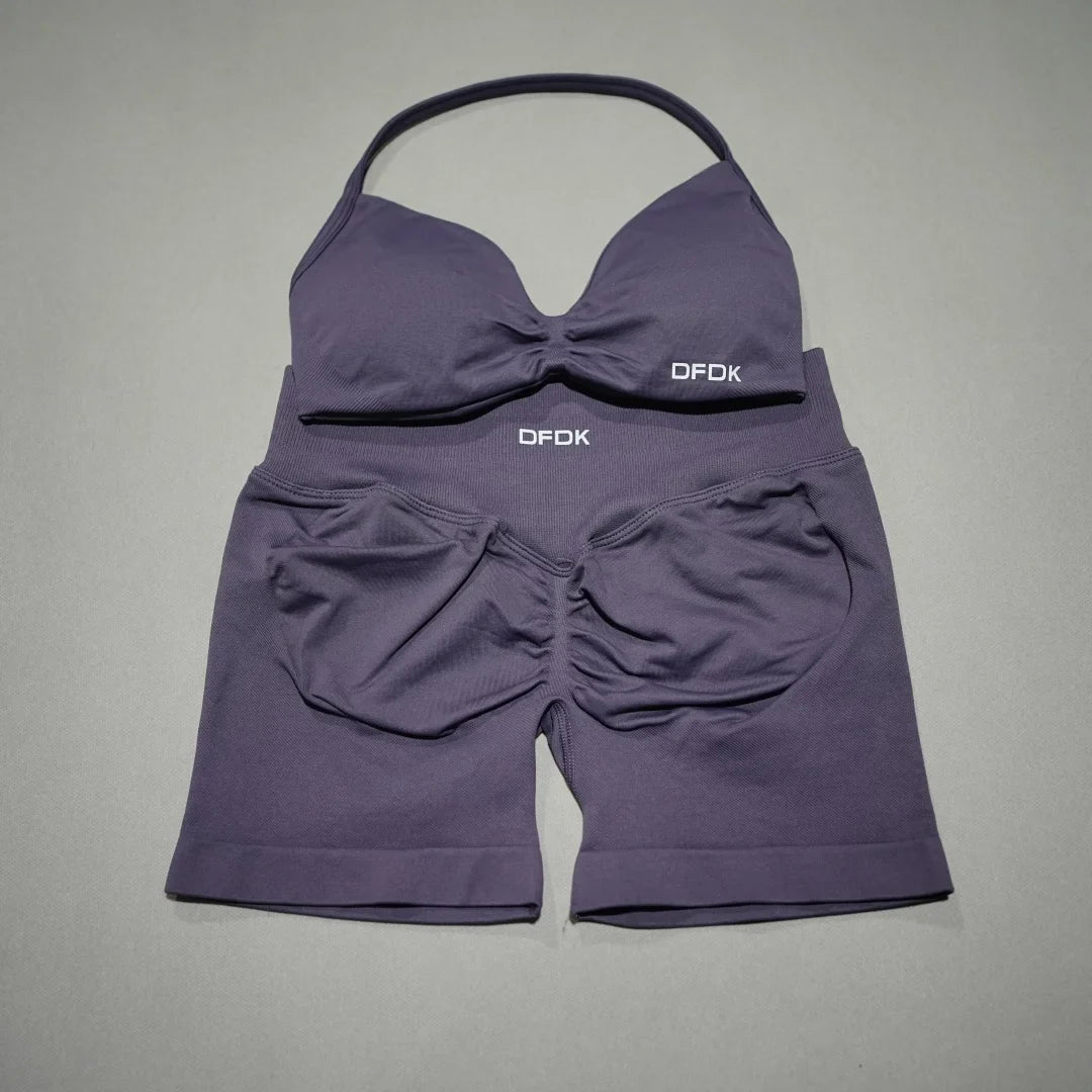 Women 2PCS Fitness Sports Set Lace Up Yoga Bra High Waist Short Leggings Seamless Cycling Running Workout Activewear
