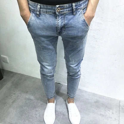 2024 Spring and Autumn New Fashion Trend Solid Color Elastic Small Legs Men's Casual Slim Comfortable High Quality Denim Pants