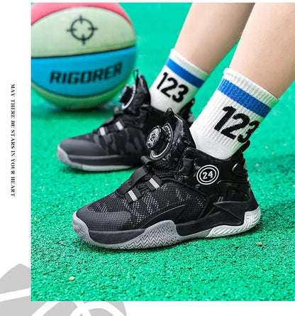 Boys Girls Quick Twist Lace Basketball Shoes Wear Resistant Comfortable Outdoor Athletic Footwear